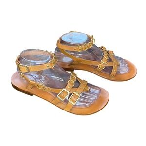 Free People Midas Touch Tan Leather Gladiator Strap Sandal Gold Hardware Size 7